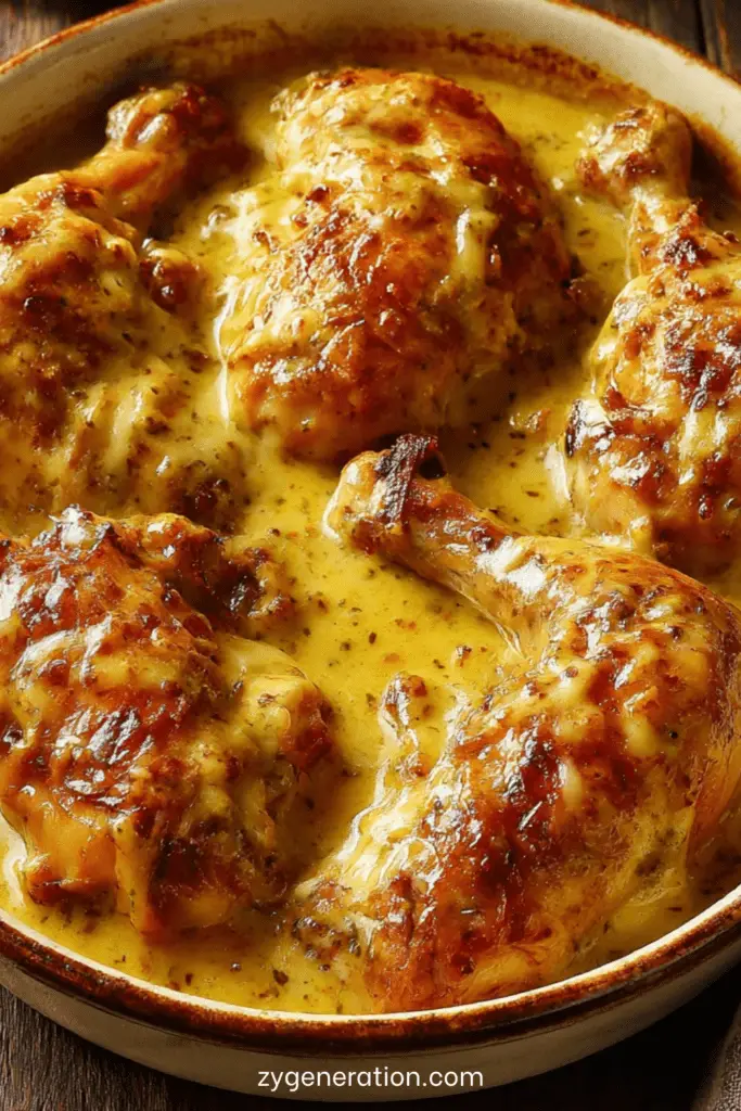 Cuisses de poulet mijotées dans une sauce crémeuse à la moutarde à l’ancienne, servies en cocotte.