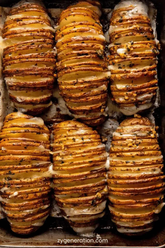 Pommes de terre Hasselback croustillantes au four, dorées, garnies d’ail, d’herbes et de beurre fondu.