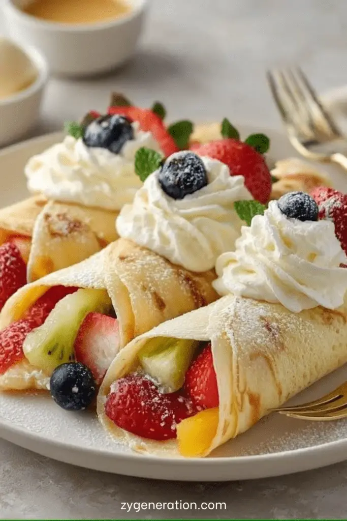 Crêpes roulées garnies de fruits frais colorés et de chantilly maison, saupoudrées de sucre glace et décorées de menthe.