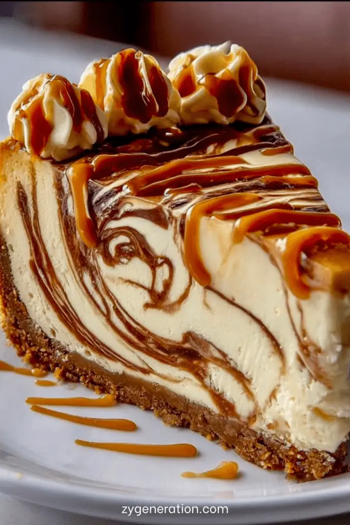 Cheesecake marbré caramel et vanille, texture crémeuse, base biscuitée croustillante et filet de caramel doré sur le dessus.