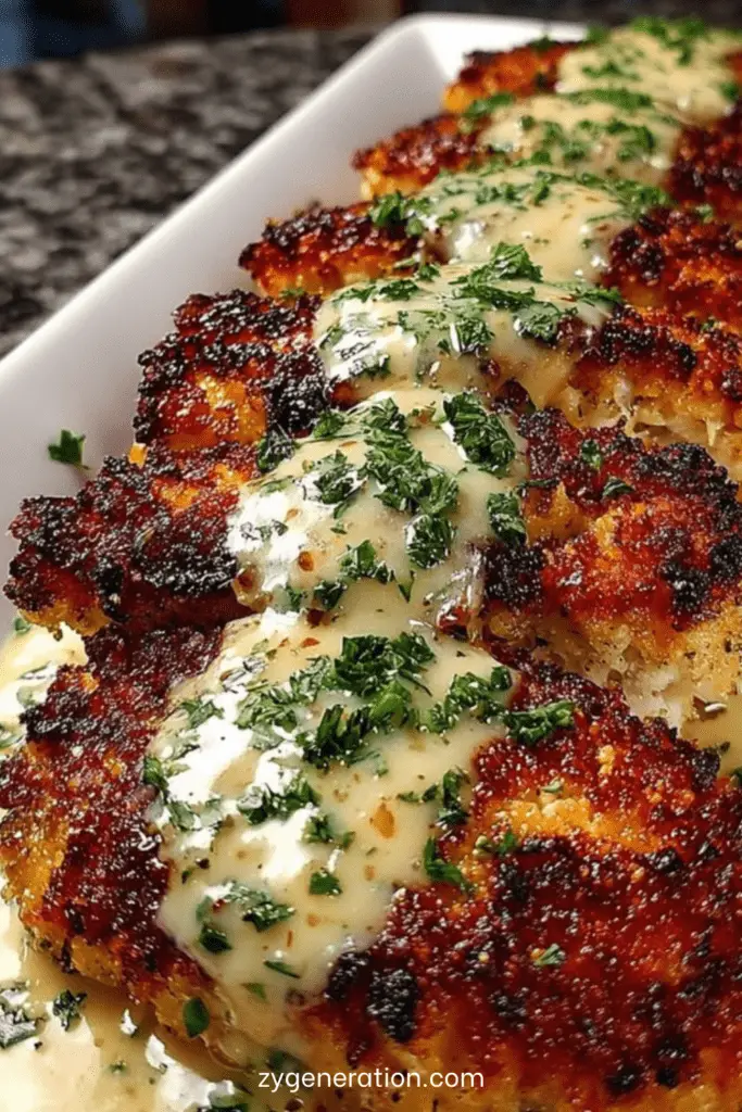 Poulet pané croustillant servi avec une sauce crémeuse à l’ail et au parmesan, parsemé de persil frais.