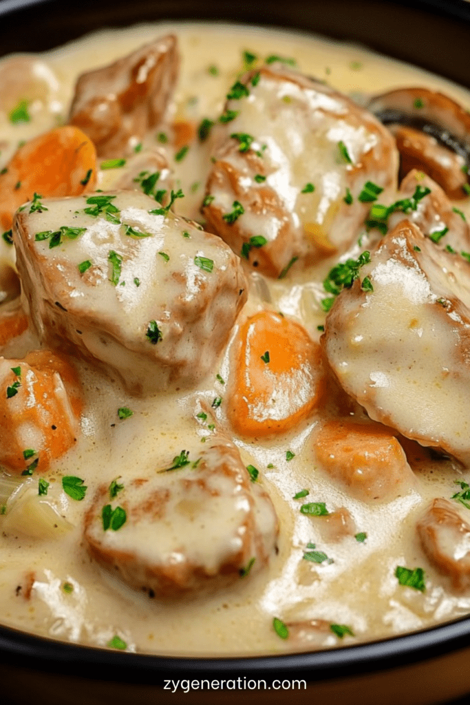 Blanquette de veau crémeuse avec carottes, champignons de Paris et sauce blanche onctueuse servie dans une cocotte.