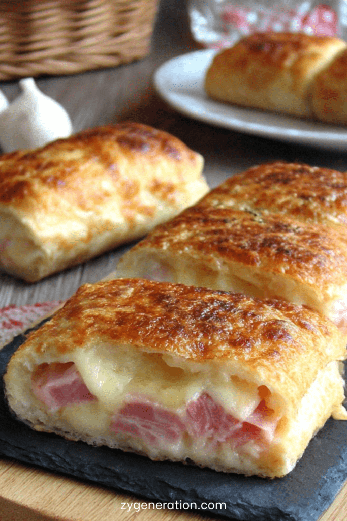 Croque-monsieur roulé doré à la poêle, coupé en bouchées apéritives avec fromage fondu et jambon.