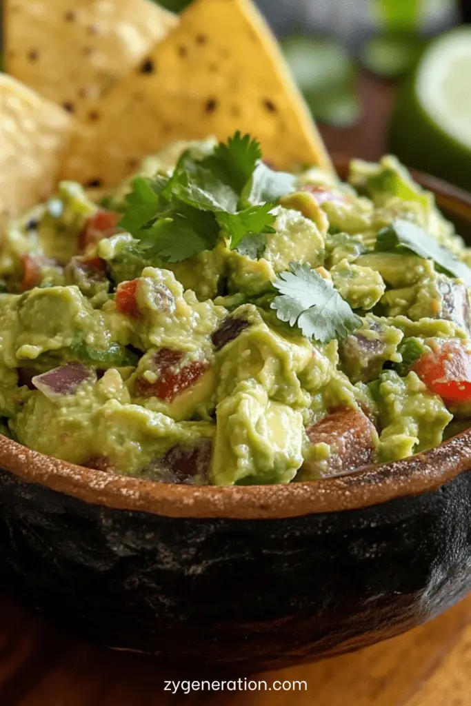 Bol de guacamole maison crémeux préparé avec avocats, citron vert, oignon, coriandre et tomate, servi avec des tortillas croustillantes