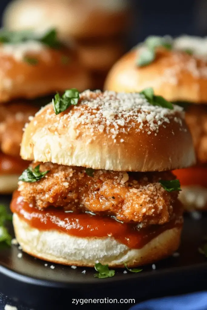 Mini-sandwichs garnis de poulet croustillant au parmesan avec salade verte et sauce, présentés sur un plateau pour un apéritif ou buffet
