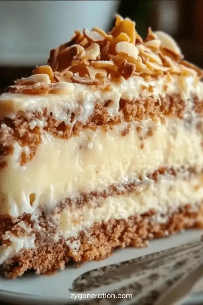 Gâteau aux amandes garni d’un glaçage crémeux à la noix de coco et chocolat blanc, décoré de noix de coco râpée et d’amandes hachées