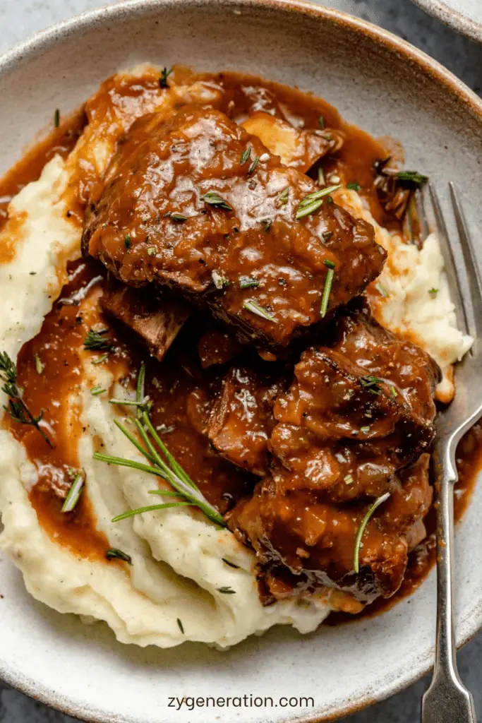 Côtes de bœuf braisées au vin rouge, fondantes et nappées de sauce, servies avec une purée de pommes de terre crémeuse et des herbes fraîches