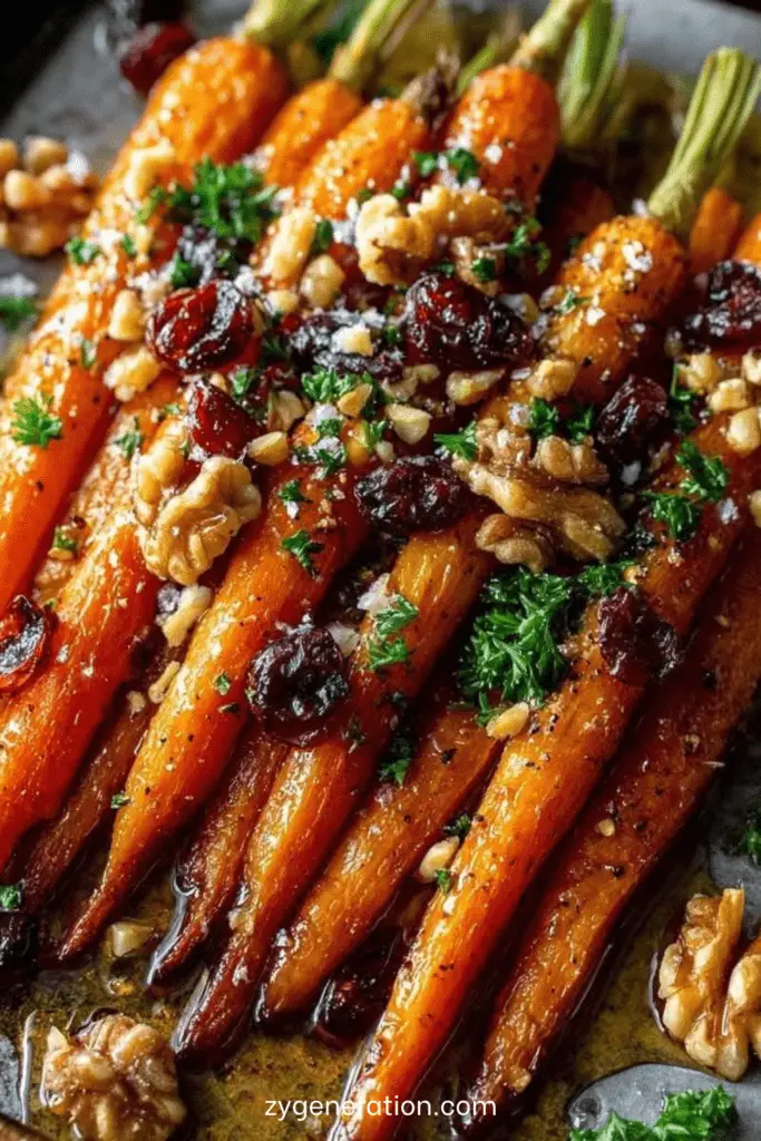 Carottes rôties au four légèrement caramélisées au miel, garnies de noix concassées, canneberges séchées et persil frais