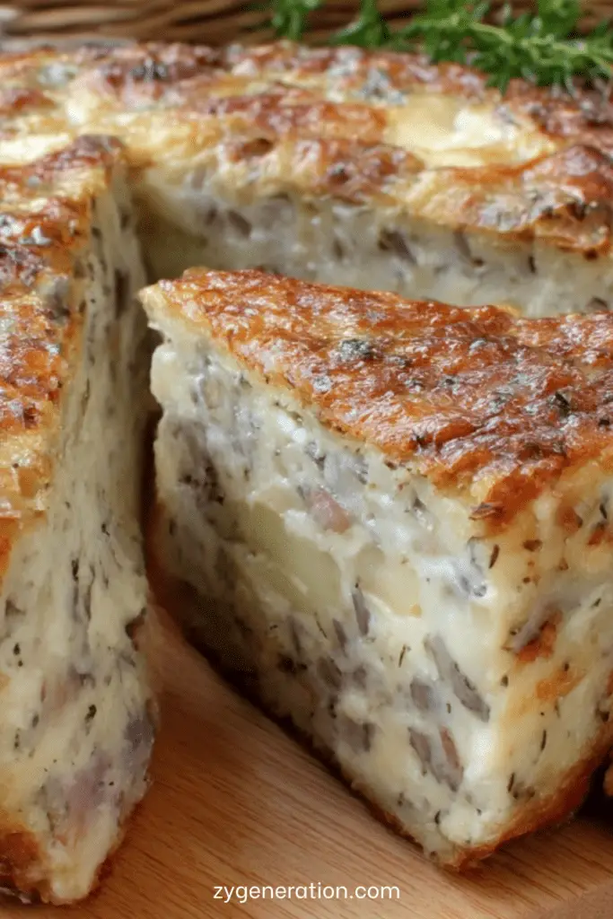 Cake salé aux pommes, camembert et noix doré au four, tranché sur une planche, texture moelleuse et morceaux de fromage fondant visibles.