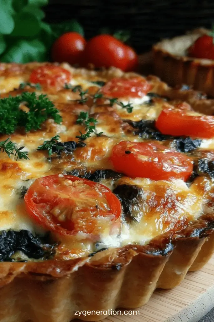 Tarte salée rustique aux épinards fondants, tomates cerises rôties et fromage gratiné doré au four, servie en parts généreuses.