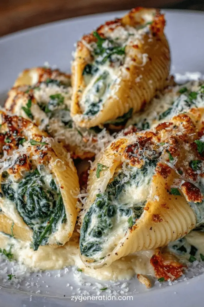 Conchiglioni farcis à la ricotta et aux épinards gratinés au parmesan, dorés au four et servis dans un plat familial.