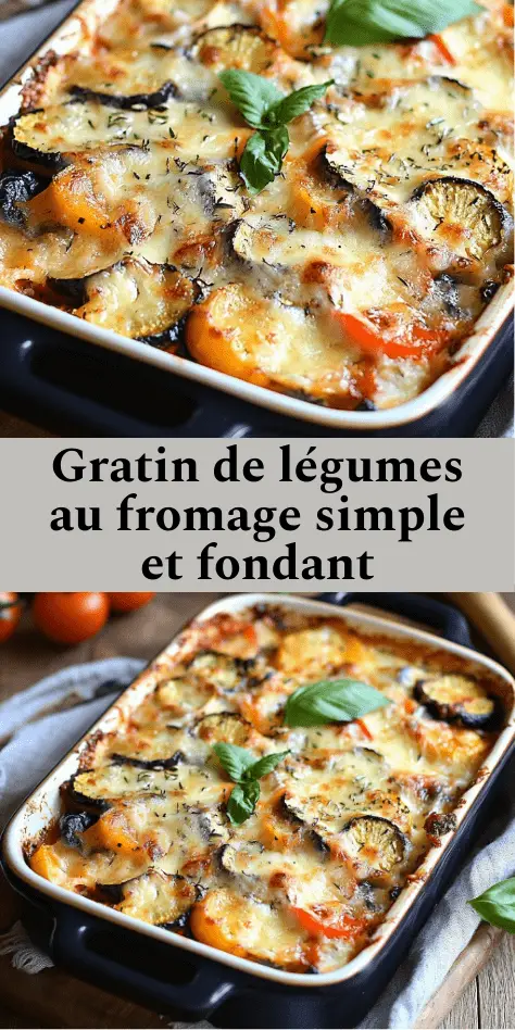 Gratin de légumes au fromage doré au four dans un plat, avec courgettes, carottes et aubergines recouvertes de fromage râpé fondu