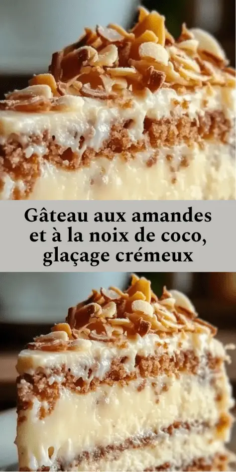 Gâteau aux amandes garni d’un glaçage crémeux à la noix de coco et chocolat blanc, décoré de noix de coco râpée et d’amandes hachées