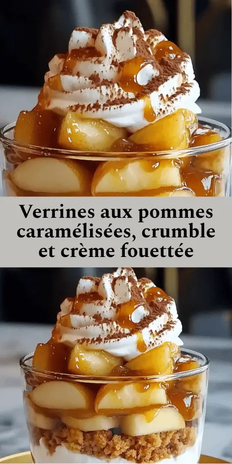 Verrines aux pommes caramélisées, base biscuitée façon crumble, crème fouettée et filet de caramel au beurre salé, décorées de cacao