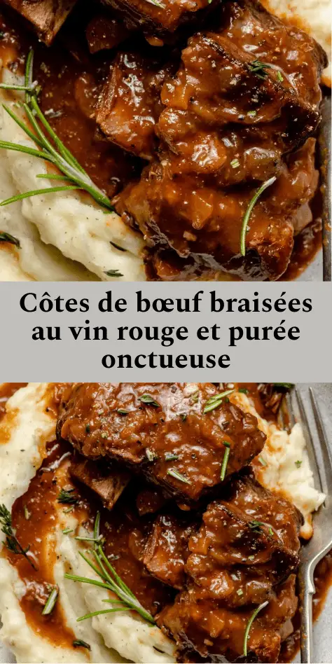 Côtes de bœuf braisées au vin rouge, fondantes et nappées de sauce, servies avec une purée de pommes de terre crémeuse et des herbes fraîches