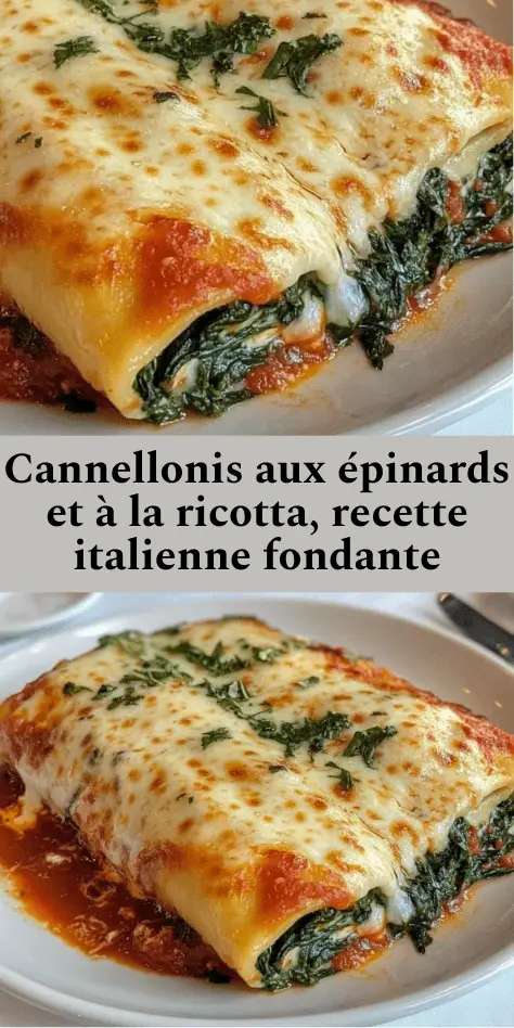 Plat de cannellonis aux épinards et ricotta, nappés de sauce tomate et gratinés avec mozzarella et parmesan