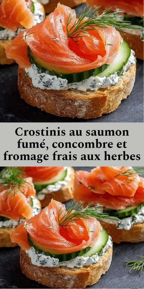 Crostinis au saumon croustillants garnis de fromage frais aux herbes, concombre finement tranché et saumon fumé, décorés d’aneth frais