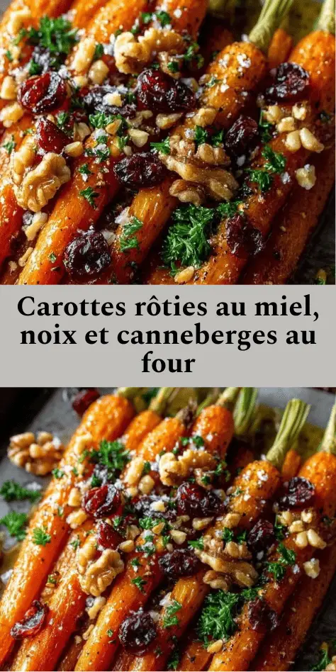 Carottes rôties au four légèrement caramélisées au miel, garnies de noix concassées, canneberges séchées et persil frais