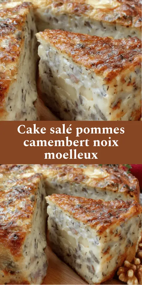 Cake salé aux pommes, camembert et noix doré au four, tranché sur une planche, texture moelleuse et morceaux de fromage fondant visibles.