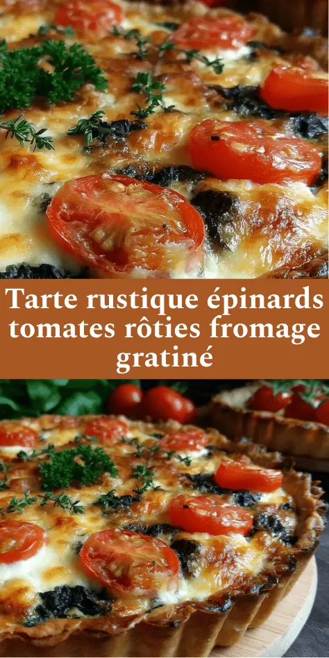Tarte salée rustique aux épinards fondants, tomates cerises rôties et fromage gratiné doré au four, servie en parts généreuses.