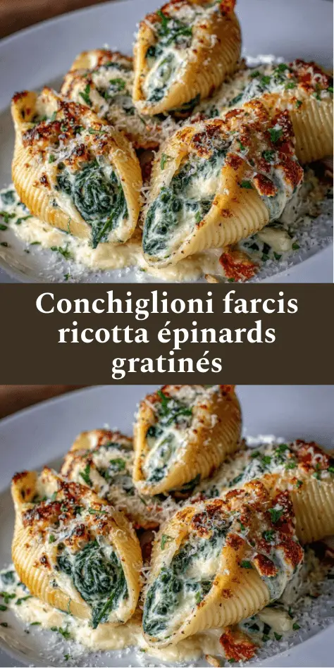 Conchiglioni farcis à la ricotta et aux épinards gratinés au parmesan, dorés au four et servis dans un plat familial.