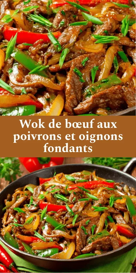 Wok de bœuf sauté aux poivrons rouges et verts et oignons fondants, nappé de sauce soja brillante et servi chaud dans un wok.
