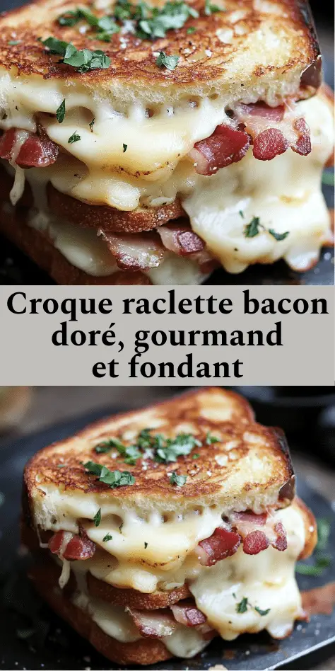 Croque raclette au bacon bien doré coupé en deux, laissant apparaître le fromage fondu entre deux tranches de pain grillé