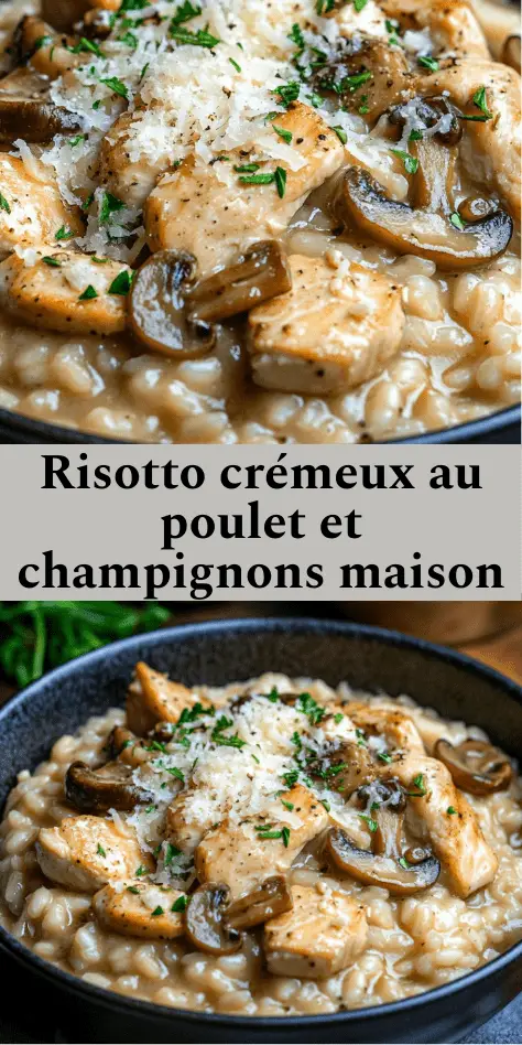 Assiette de risotto crémeux au poulet et aux champignons, parsemée de parmesan et de persil frais