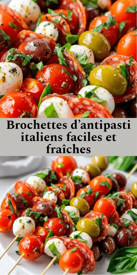 Brochettes d’antipasti italiennes composées de tomates cerises, mozzarella, salami, olives et basilic, disposées sur un plateau pour l’apéritif