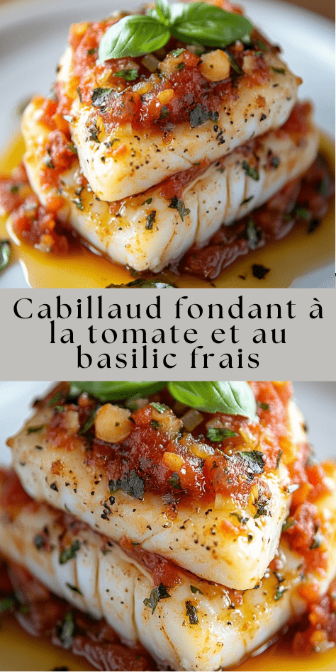 Dos de cabillaud nappé d’une sauce tomate maison au basilic, servi dans une assiette avec herbes fraîches.