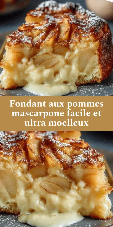 Fondant aux pommes et mascarpone, gâteau moelleux aux pommes avec texture fondante et dorée.