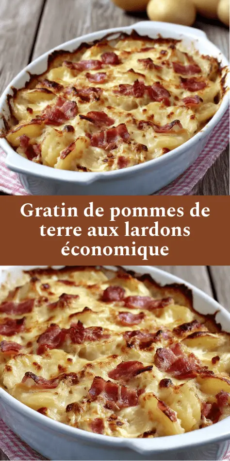 Gratin de pommes de terre aux lardons, crémeux et doré au four, servi dans un plat familial.