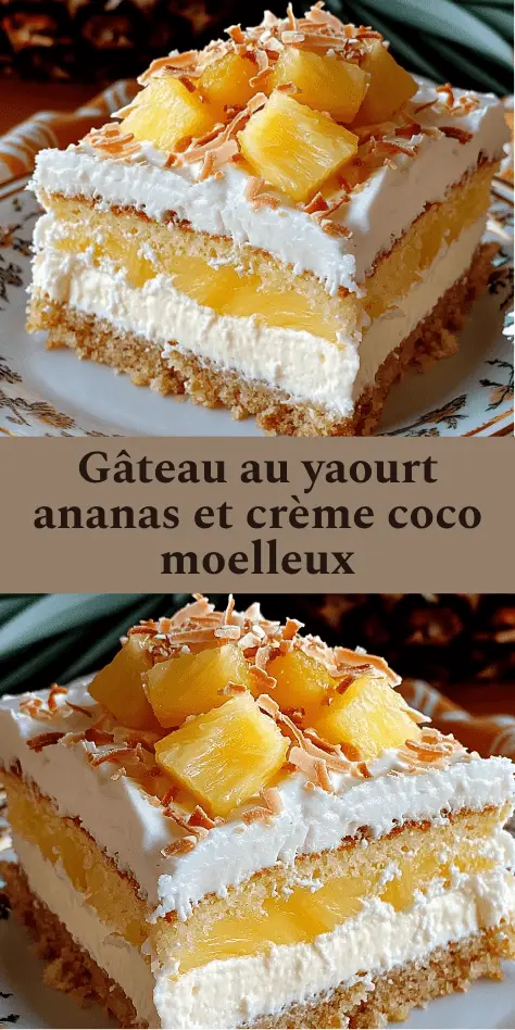 Gâteau au yaourt garni d’ananas et recouvert d’une crème coco onctueuse, décoré de noix de coco râpée.