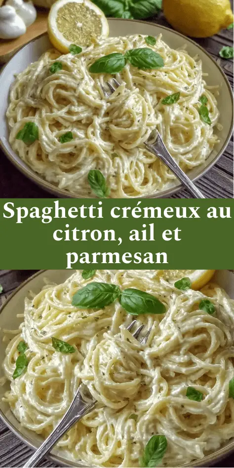 Spaghetti nappés d’une sauce crémeuse au citron, ail et parmesan, servis avec basilic frais.