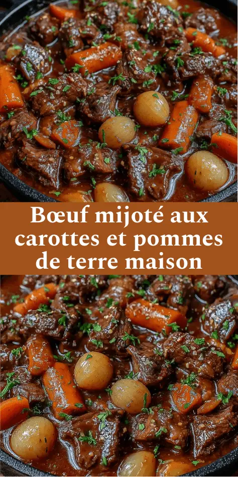 Bœuf mijoté en cocotte avec carottes et pommes de terre, sauce riche et onctueuse façon cuisine traditionnelle.