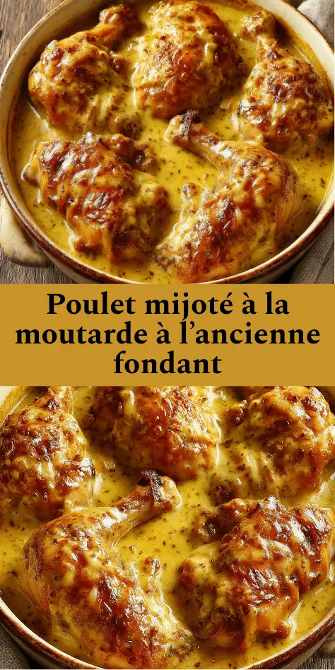 Cuisses de poulet mijotées dans une sauce crémeuse à la moutarde à l’ancienne, servies en cocotte.