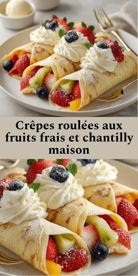 Crêpes roulées garnies de fruits frais colorés et de chantilly maison, saupoudrées de sucre glace et décorées de menthe.