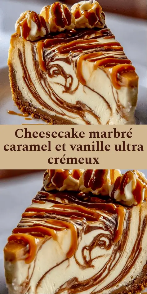 Cheesecake marbré caramel et vanille, texture crémeuse, base biscuitée croustillante et filet de caramel doré sur le dessus.