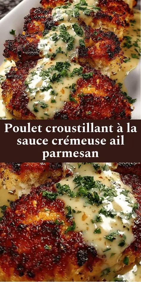 Poulet pané croustillant servi avec une sauce crémeuse à l’ail et au parmesan, parsemé de persil frais.