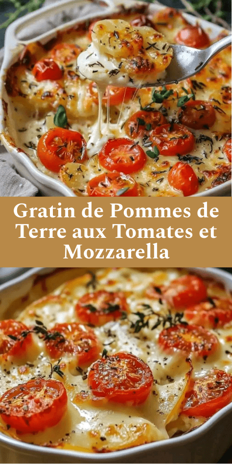 Gratin de pommes de terre doré au four avec tomates cerises, mozzarella fondante et herbes de Provence dans un plat à gratin.