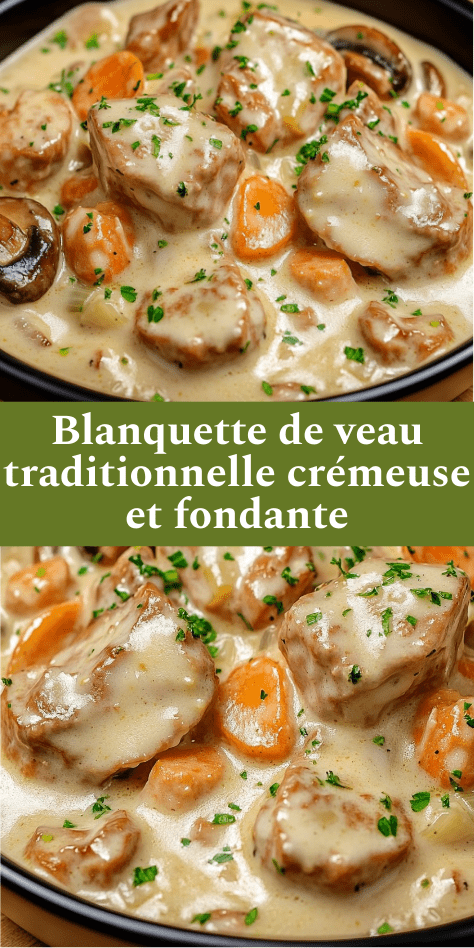 Blanquette de veau crémeuse avec carottes, champignons de Paris et sauce blanche onctueuse servie dans une cocotte.