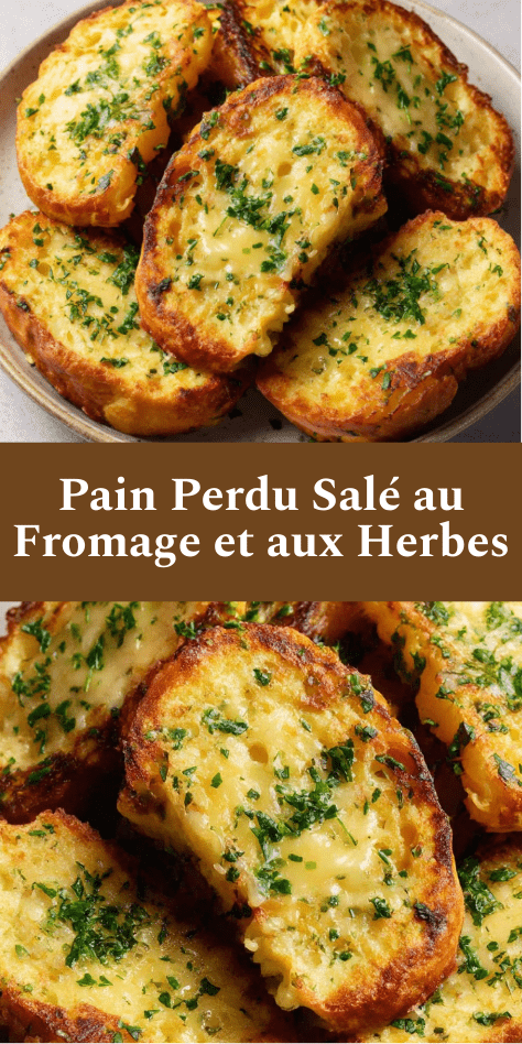 Pain perdu salé doré à la poêle avec fromage fondu, persil frais et herbes aromatiques servi chaud.