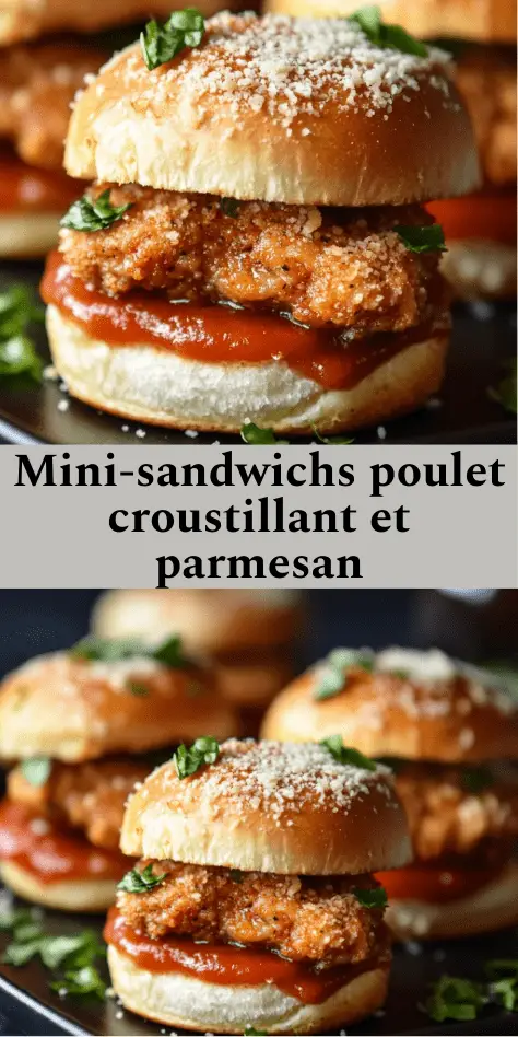 Mini-sandwichs garnis de poulet croustillant au parmesan avec salade verte et sauce, présentés sur un plateau pour un apéritif ou buffet