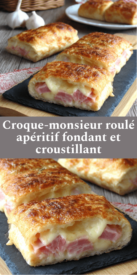 Croque-monsieur roulé doré à la poêle, coupé en bouchées apéritives avec fromage fondu et jambon.