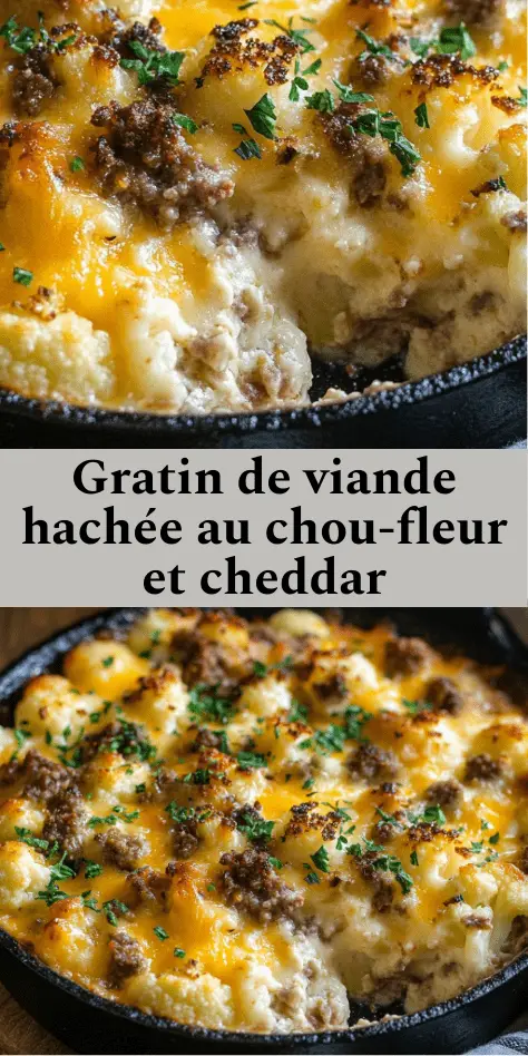 Gratin de viande hachée au chou-fleur recouvert de cheddar fondu et doré, servi chaud dans un plat familial avec persil frais haché