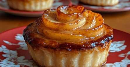 Tartelettes roses aux pommes sans sucre avec pâte aux amandes et pommes finement roulées