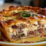 Tarte feuilletée au thon et fromage gratiné, garniture crémeuse au thon émietté, oignons fondants et persil frais.