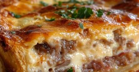 Tarte feuilletée au thon et fromage gratiné, garniture crémeuse au thon émietté, oignons fondants et persil frais.