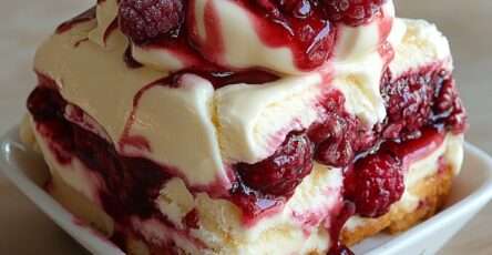 Gâteau crémeux aux framboises avec couches de génoise imbibée, chantilly mascarpone onctueuse et framboises fraîches.