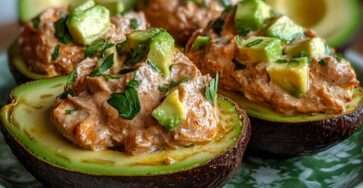 Avocats farcis au thon crémeux avec herbes fraîches, dés d’avocat sur le dessus et assaisonnement citronné, servis bien frais.
